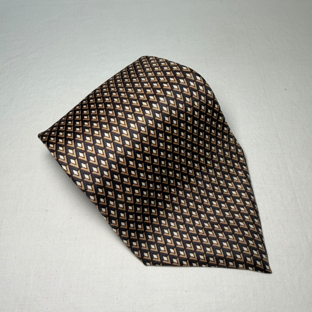 Vintage Christian Dior Monsieur Tie Silk Geometric Brown Tan Cream Italy Woven